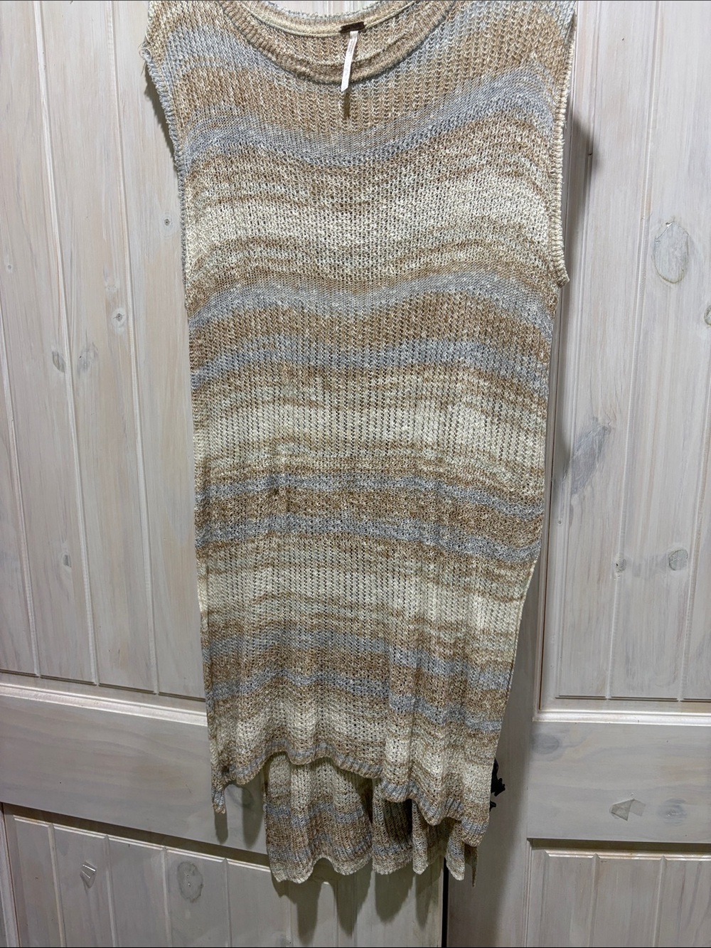 Striped Free People Knit Sleeveless Crewneck Sweater Tunic in Beige and Gray